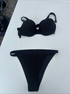 Victorias Secret PINK Black Ribbed Women’s Bikini Set - High-Cut Bottom